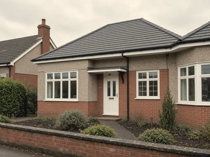 Illustration of a new grey concrete tile roof on a 1930s-style brick and render bungalow