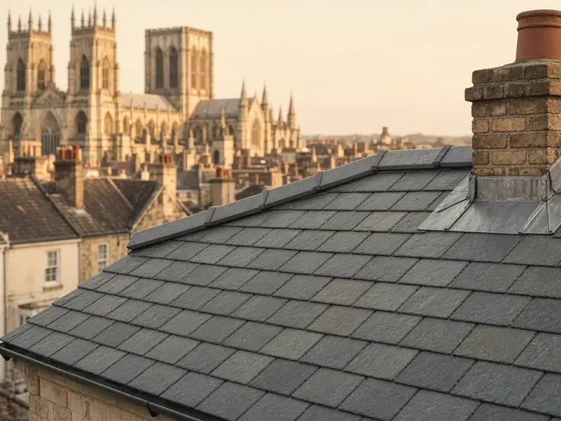 Illustration of a new natural slate roof and brick chimney close up, with York Minster on the skyline behind