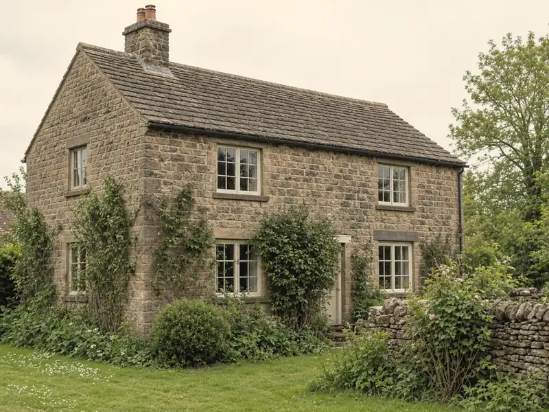 Illustration of a Yorkshire stone slate roof, laid in diminishing courses, on a sandstone cottage